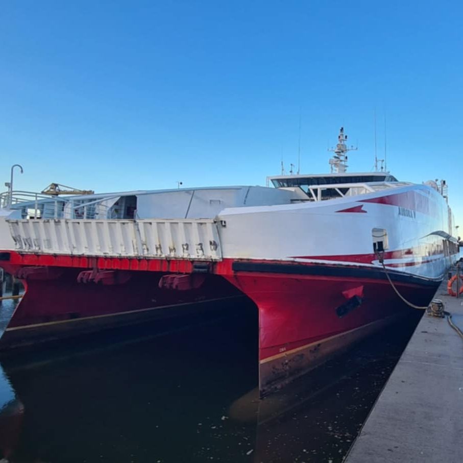 Aurora V ferry tied up on the slipway at Yamba.